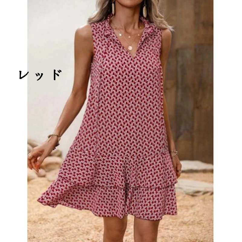 レディース ファッション オシャレ カワイイ vネック ノースリーブ　ワンピース　袖なし　 aライン スカート ゆったり シフォンワンピース ショート 花柄