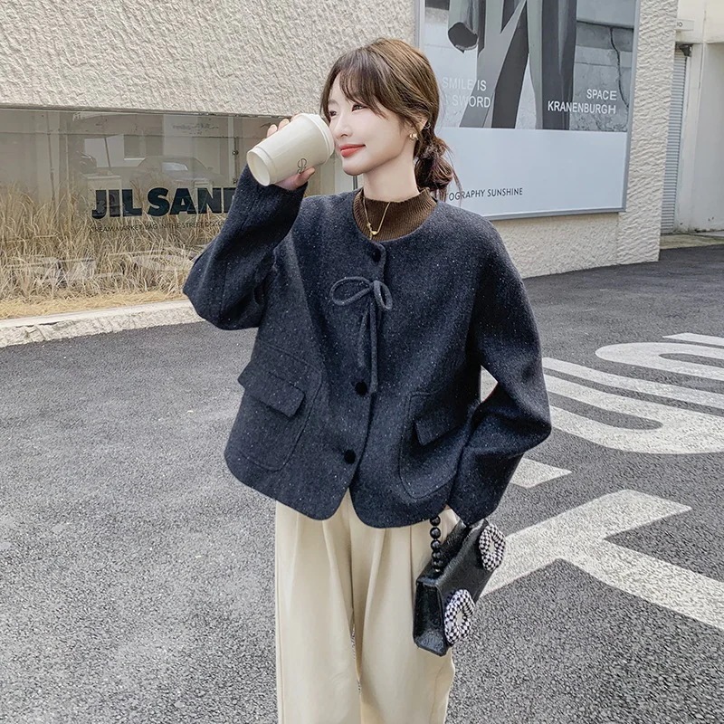 ダークグレーツイードジャケット女性冬スーパー格好良い短い段落外国風弓ツイードトップス