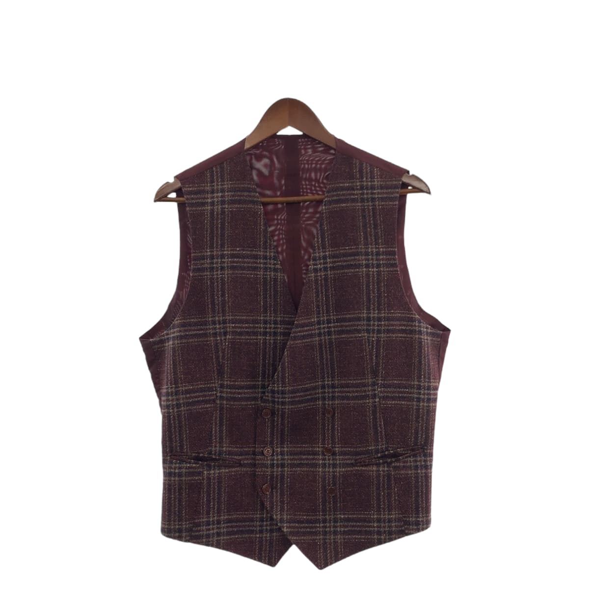 美品 チェック柄 サイズ52 ワインレッド ボルドー シルバー金具 ウール/キュプラ ベスト ジレ メンズ 404164