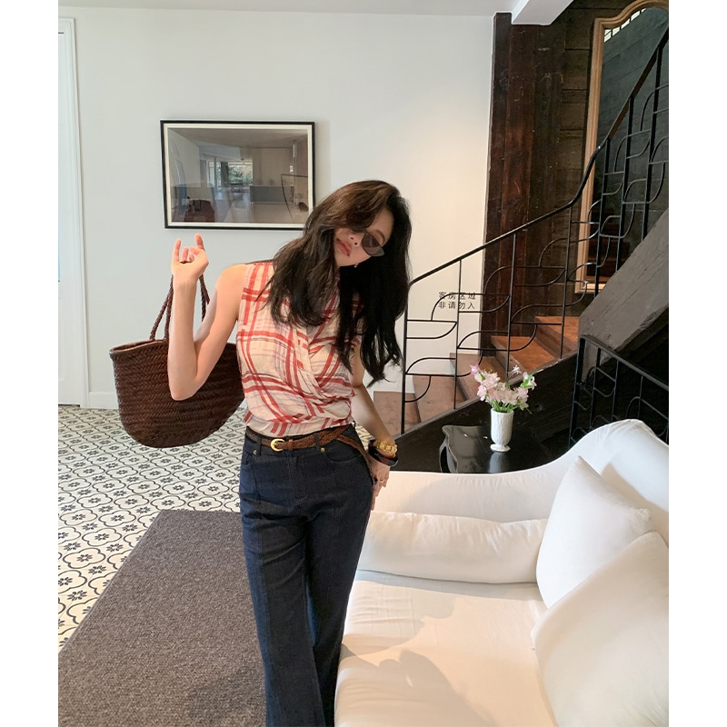 夏の女性のための長いxierオリジナルvネック柄のシャツ新しいハイエンドデザインニッチバインディングトップ