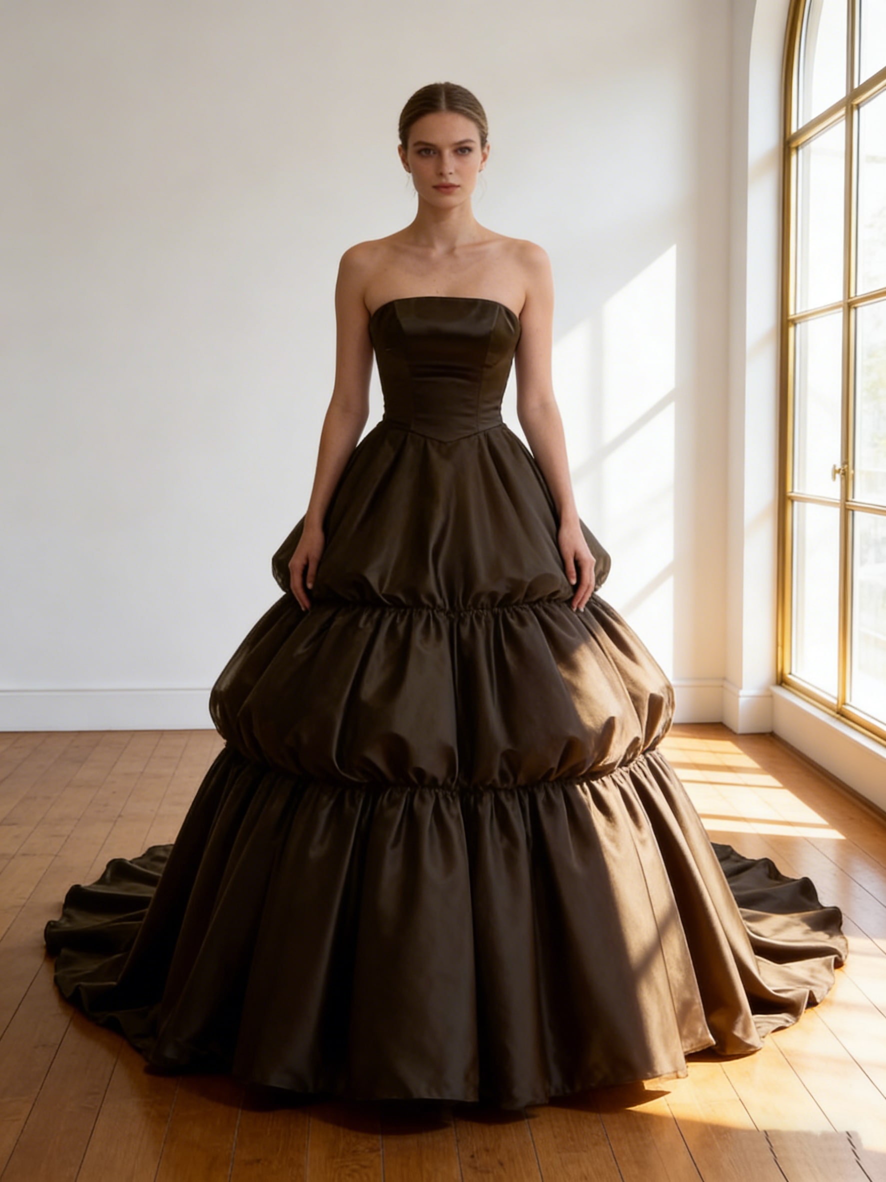 カラードレス ブラウン 光沢サテン レイヤードドレス ビスチェドレス 華やかなトレーン 編み上げ 結婚式