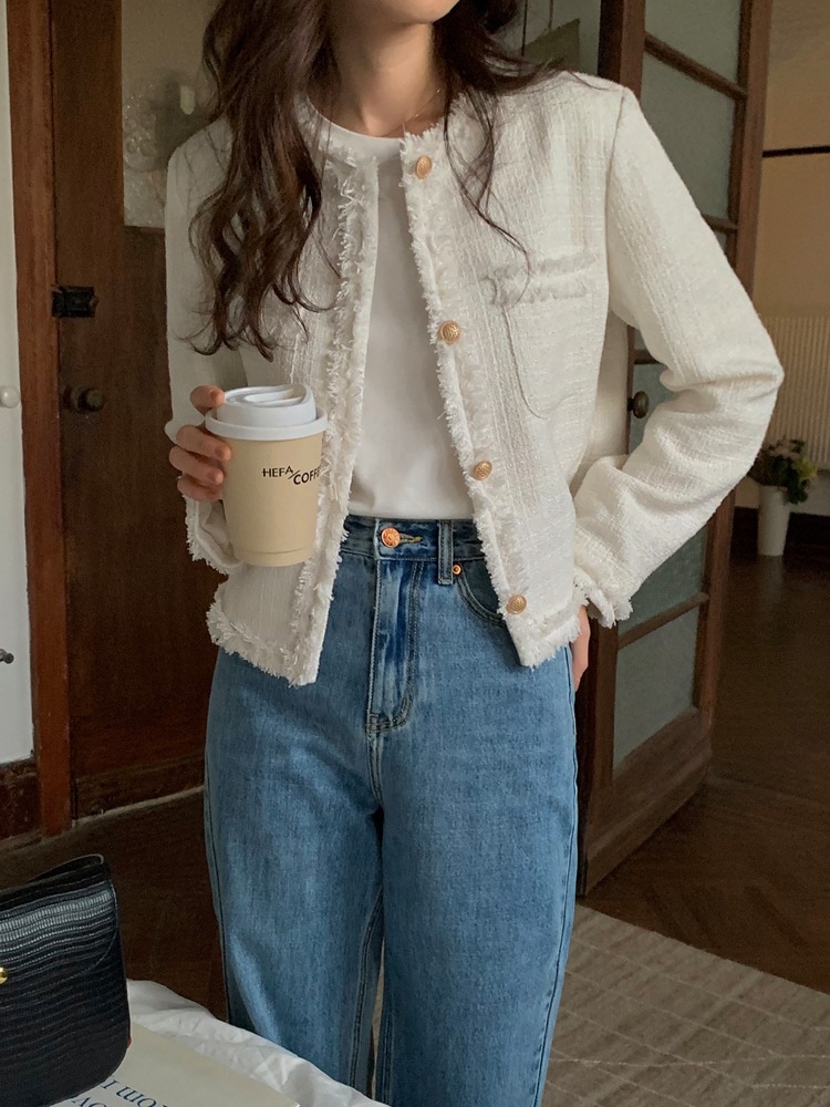 セレブ ホワイト スモール フレグランス スーツ ジャケット レディース 春秋 オールマッチ ショート スタイル 小さめ タッセル トップ