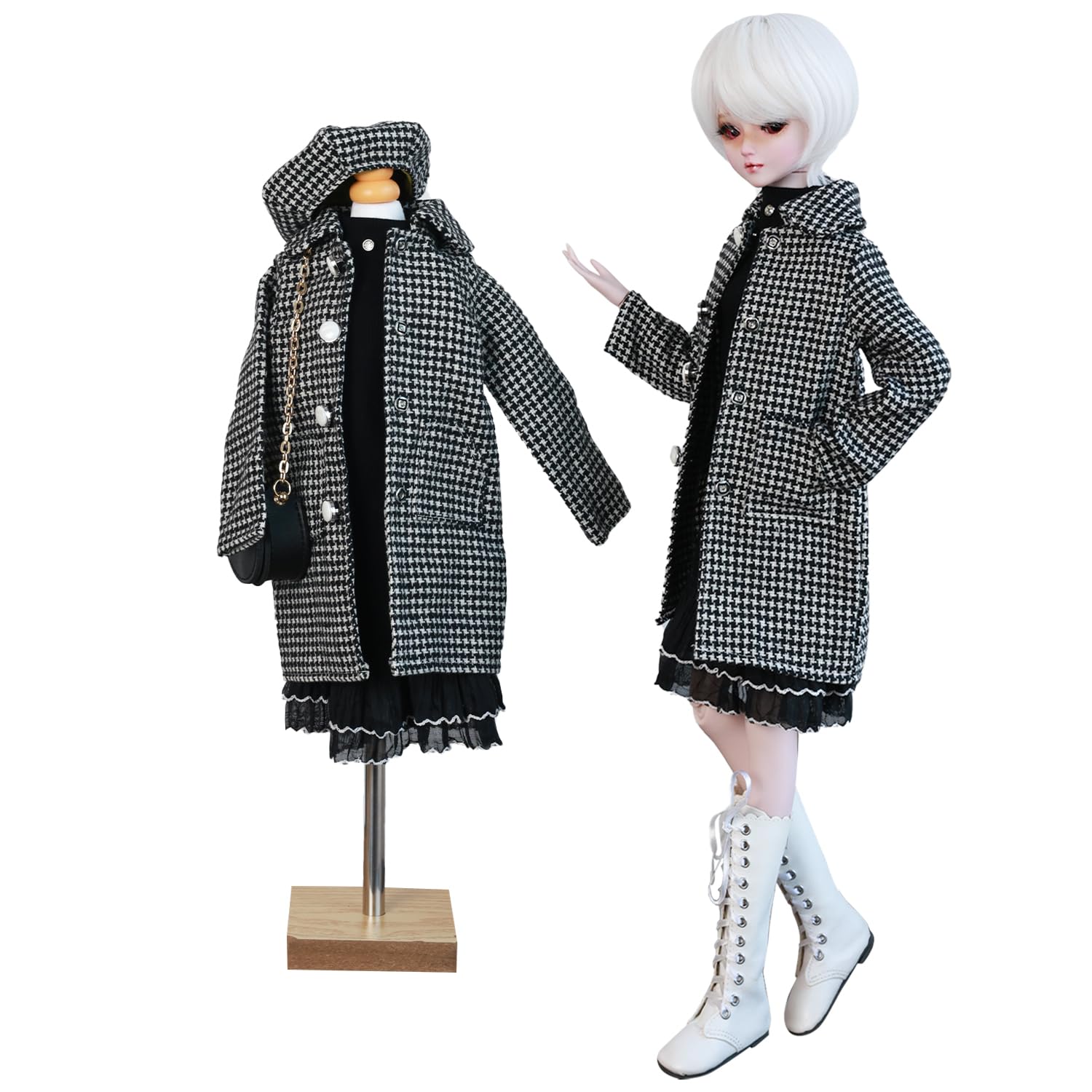 Proudoll 1/3 BJD ドレス&コートセット - 4スタイル ウールライクコート ドレスベレー帽SDコレクター用バッグ (千鳥格子ピンクベージュパープル) (ブラック)