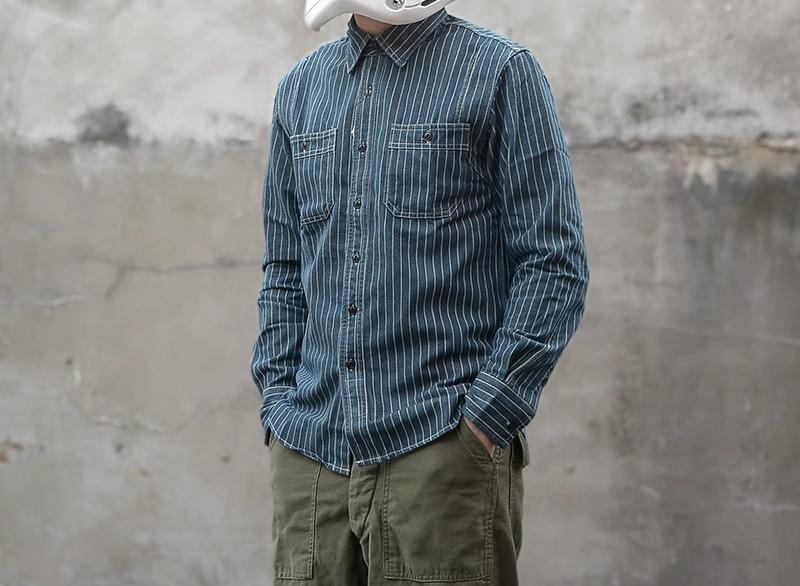 シャツ メンズ カジュアル アメリカン レトロ 春秋 長袖 トップス ワークシャツ デニム ストライプ ブルー