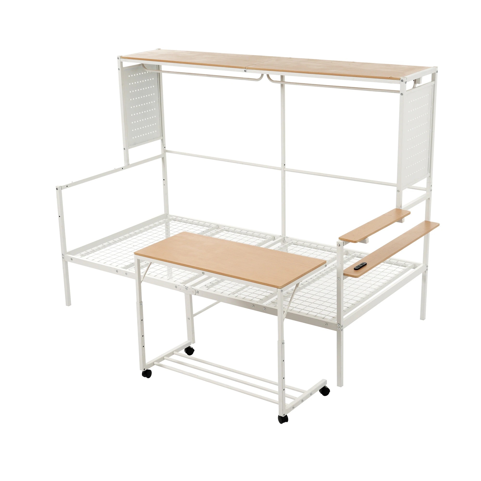 【ホワイト】 システムベット ロフトベッド シングル スチールネット付き 移動型デスク付き 北欧風 木目 子供ベッド 大人ベッド 一人暮らし スチール 耐震 ベッド80