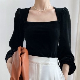 トップス カットソー ミディアム丈 プルオーバー 袖付き 長袖 襟なし スクエアネック パフスリーブ かわいい 大人可愛い シンプル カジュアル 大人 上品 おしゃれ お洒落 かっこいい レトロ