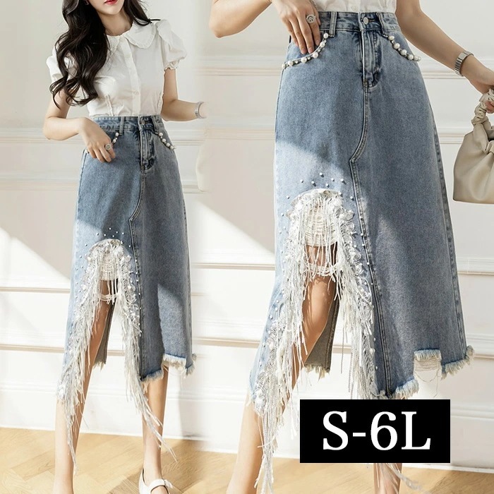 S～6L ビーズ付き デニムスカート 大きいサイズ スカート ロングスカート ミモレ スカート ミモレ丈 ダメージ 切りっぱなし カットオフ クラッシュ 膝下 膝丈 ミディスカート デニム スカート