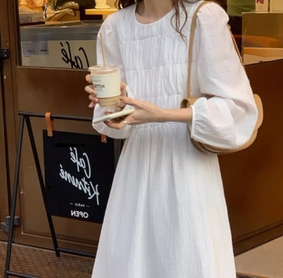 ワンピース レディース フレアワンピース ティアード 春服 夏服 秋服 ロング 長袖 ぽわん袖 ラウンドネック セミフレア オーガンジー 透け感 インスタ映え SNS 映え 写真 映え 細見え 着痩せ 6,540円