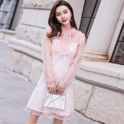 【送料無料】レディース ワンピース シフォン シースルースリーブ リボン レース 2カラー