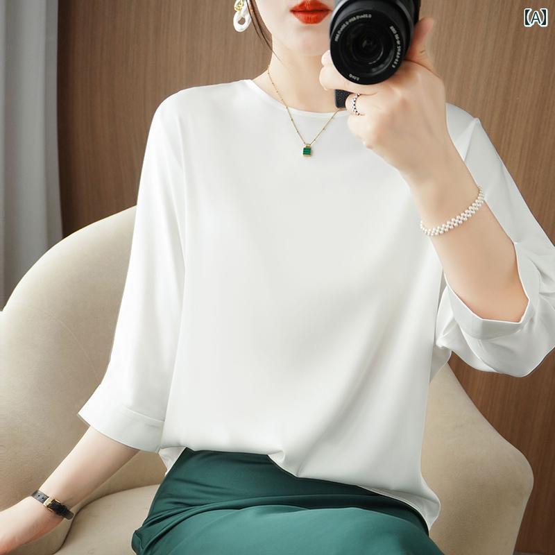 レディース トップス シンプル おしゃれ 五分袖 春夏 丸首 Tシャツ サテン 5,563円