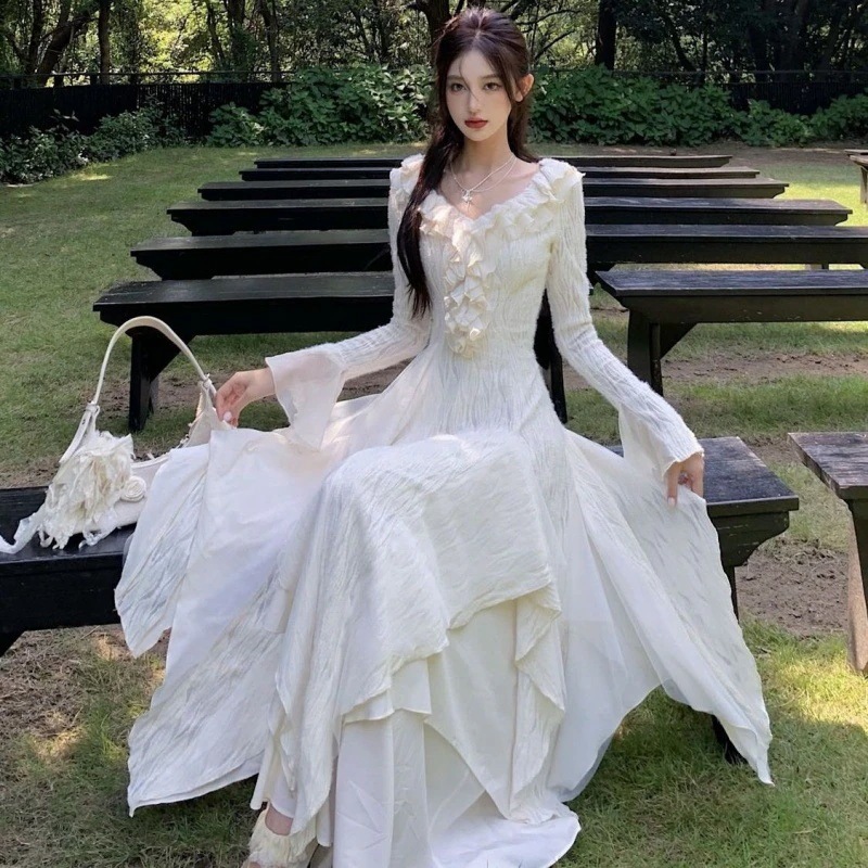 重工業フリルスーパースカート2025春変則気質長袖ドレスオーバーニーロングスカート