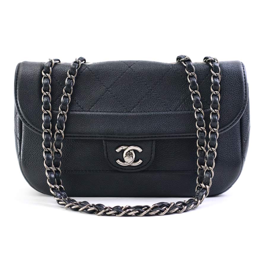 シャネル CHANEL ショルダーバッグ キャビアスキンレザー ブラック シルバー レディース e59016a