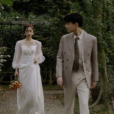 森系ウェディングドレス フレンチドレス 二次会 結婚式 レースお呼ばれサテンワンピース結婚式花嫁 13,151円
