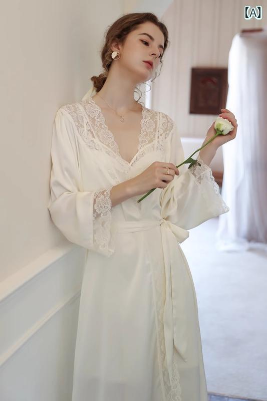 レディース　シャツ　レース GP Seeu 魅惑的 サスペンダー パジャマ レディース 春秋 薄手 花嫁 モーニング ローブ レース Vネック シルク ナイトドレス ツーピース セット