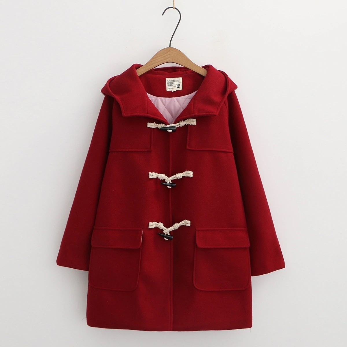 婦人服 冬のゆったりサイズ長袖牛角ボタン大ポケットウールねコート女 ウールコート