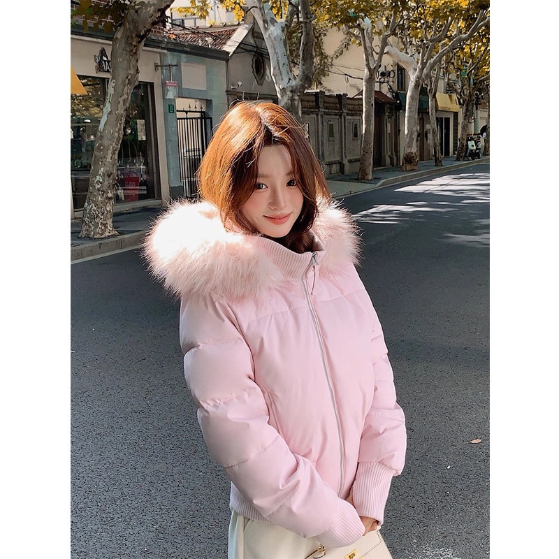 2025年冬新作ピンクダウンジャケット大きなファーカラースリムフィットショートスタイルホワイトダックダウン90%多用途