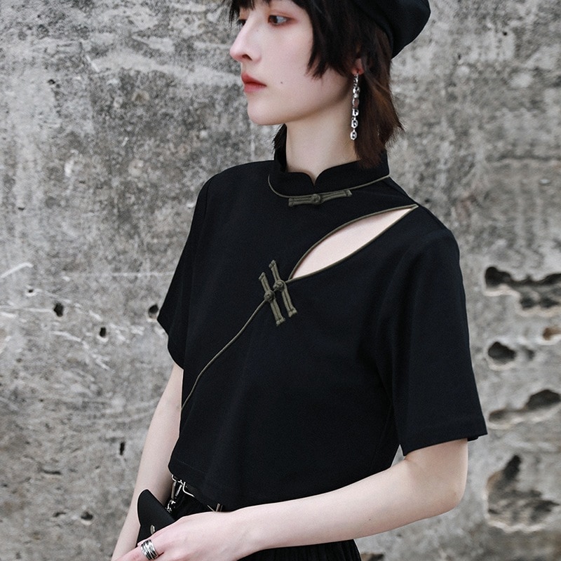 チャイナ風Tシャツ 半袖 セクシートップス レディース 夏 ショート丈 黒 配色シャツ