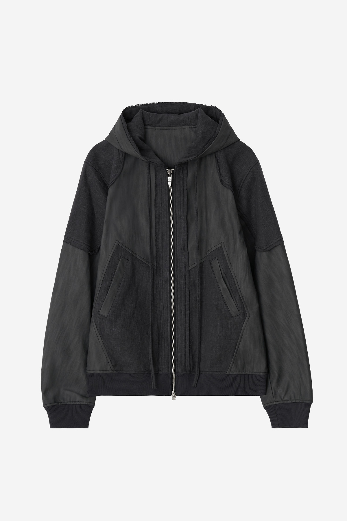 【BLR】 DESTROYED LEATHER AND LINEN HOODIE ZIP-UP JACKET