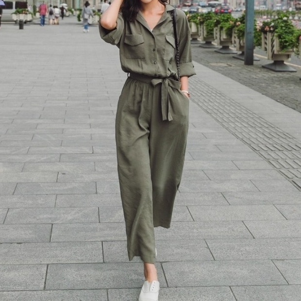 レディース オールインワン つなぎ ジャンプスーツ ストレートパンツ ワークパンツ ワイドパンツ コンビネゾン 9分丈 アンクル丈 長袖 襟付き 角襟 ワイド ストレート ウエストマーク