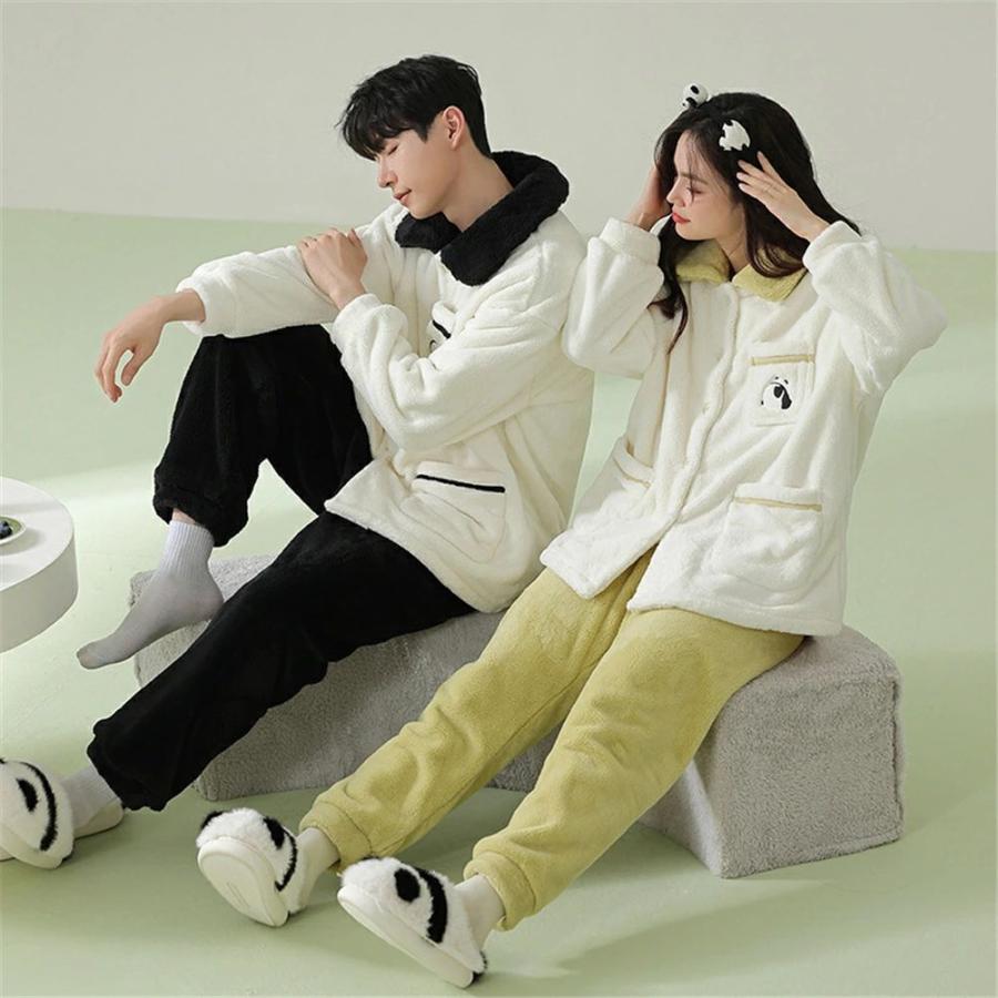 ペアパジャマ 冬 モコモコ 男女2着 セット 長袖 前開き パンダ 可愛い おしゃれ カップル ペア ルームウェア ペア パジャマ 夫婦 もこもこ メンズ 秋 結婚祝い 5,145円
