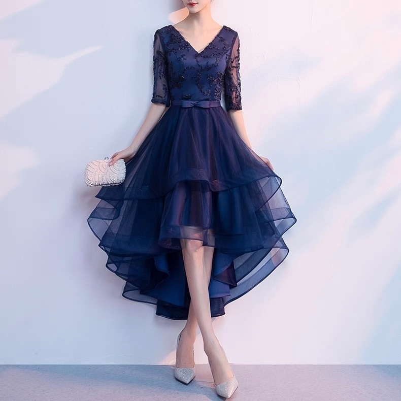 ドレス ワンピース パーティー 演奏会 発表会 ステージ 舞台 フォーマル 衣装 コスプレ コスチューム 演劇 膝上 5分袖 7分袖 Vネック スレンダー フレア 細身 イブニング フィッシュテール