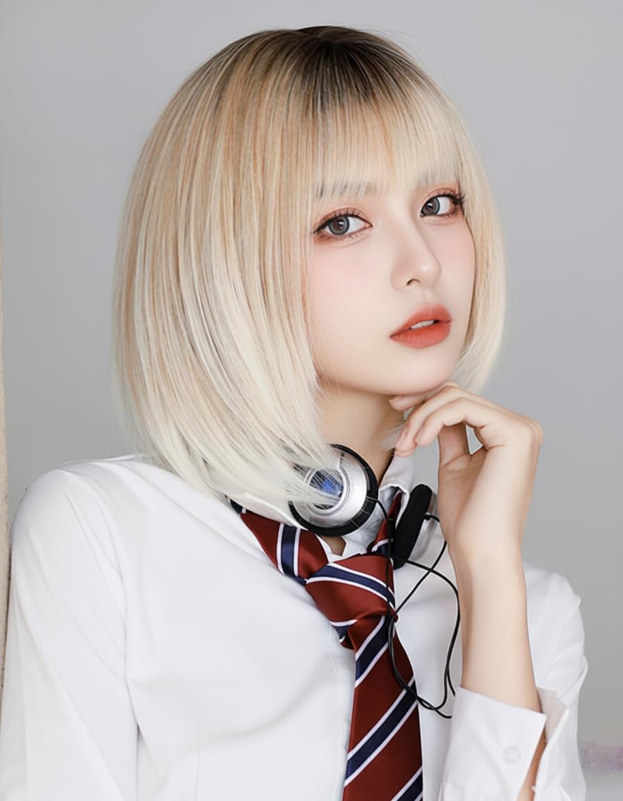 ペールゴールド ショートボブ ストレートウィッグ グラデーション ライトイエロー ミディアム長 通気性 耐熱 ネット付き