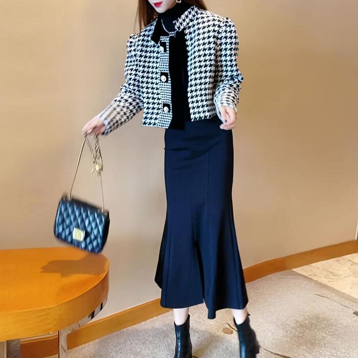 セットアップ 3点セット ジャケット トップス スカート 千鳥格子 タートルネック ミモレ丈 マーメイドスカート 長袖 ショート丈 おしゃれ 大人可愛い きれいめ カジュアル フェミニン ブラック 春