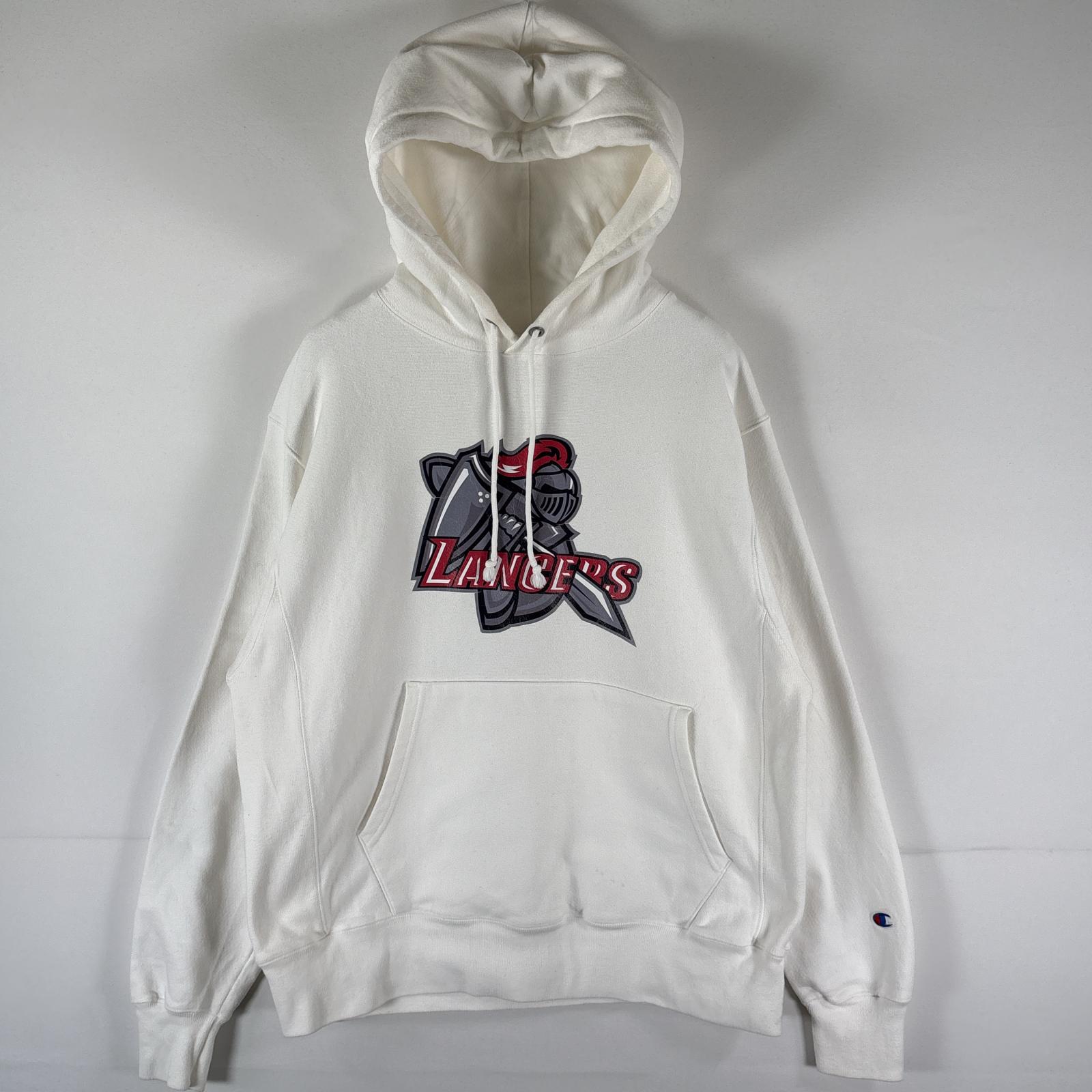 古着 パーカー リバースウィーブ プルオーバー フーディ スウェット デザインプリント MEDIUM ホワイト メンズ