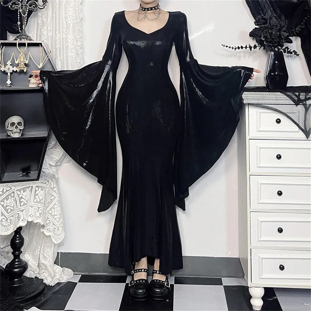 ハロウィン 今年 短纳期 魔女 ファッション 暗黒系 黒 ブラック 無地 ロング S M L ワンピース