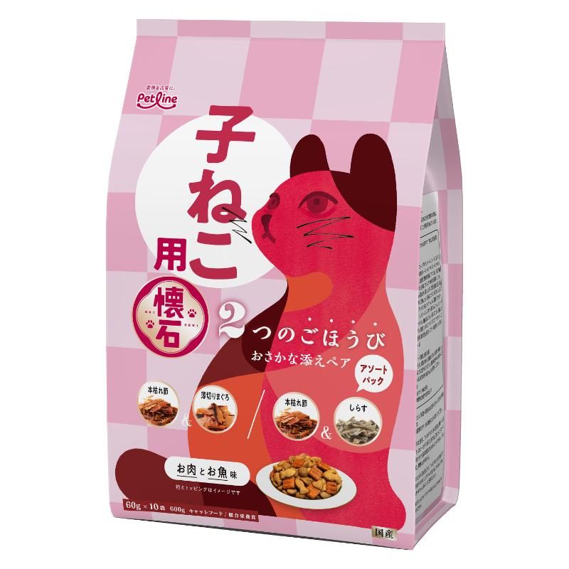（まとめ買い）ペットライン 懐石 2つのごほうび おさかな添えペア 子ねこ用 600g（60gx10袋） 猫用フード [x5]