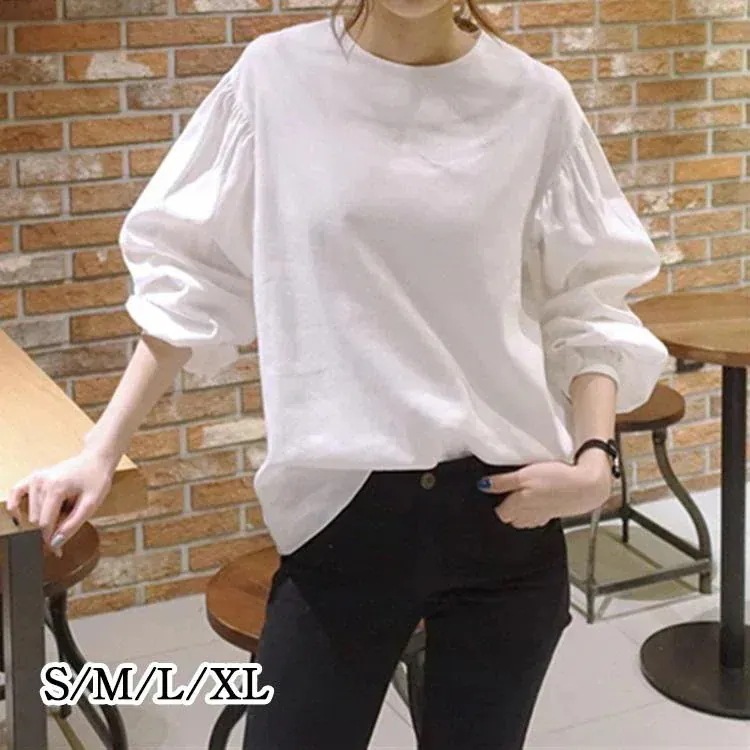 Tシャツ ボリューム袖 レディース 無地 綿 ベーシック シンプル 白 黒 UV対策 カットソー 大きいサイズ 20代 30代 40代
