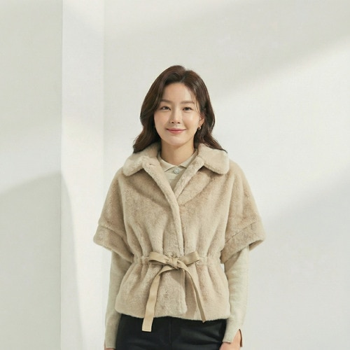 エコファーフェイクミンク半袖クロップドケープジャケット