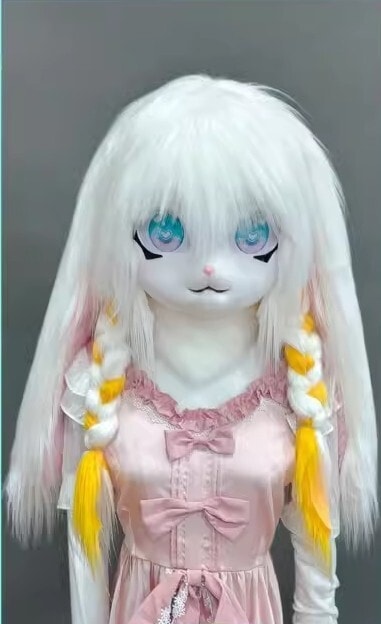 着ぐるみヘッド ウサギ 黄色と白 兎面 垂れ耳 全頭ヘッド ケモノ マスク ファースーツ ぬいぐるみ コスプレ コスチューム