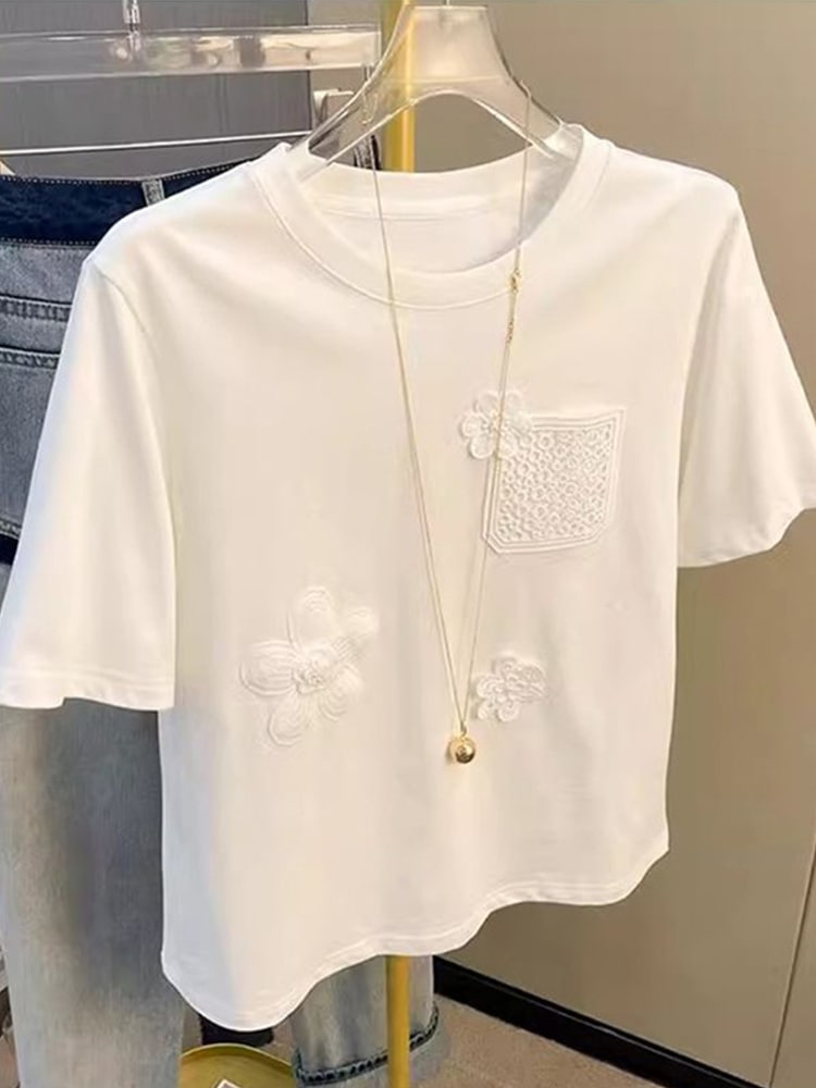 【1点ご購入 で10点プレゼントいたします】超きれい白い立体ポケット刺繍感下地Tシャツレトロ半袖丸首トップス