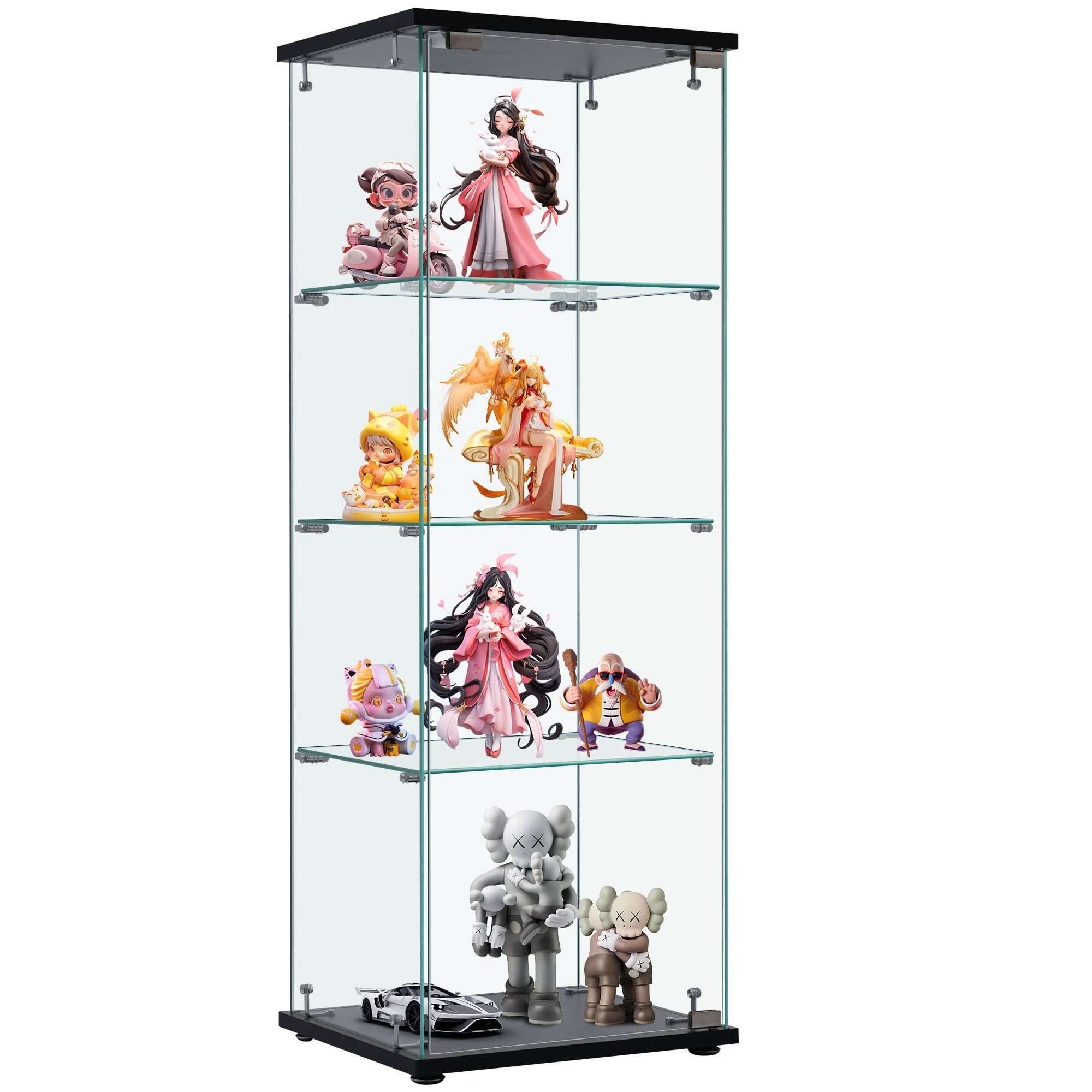 【国内出荷 - 3日配達】コレクションケース ガラスディスプレイキャビネット フィギュアケース 4段 ブラック 強化ガラス 全面ガラス サイズ:幅42.5×奥行36.5×高さ120cm