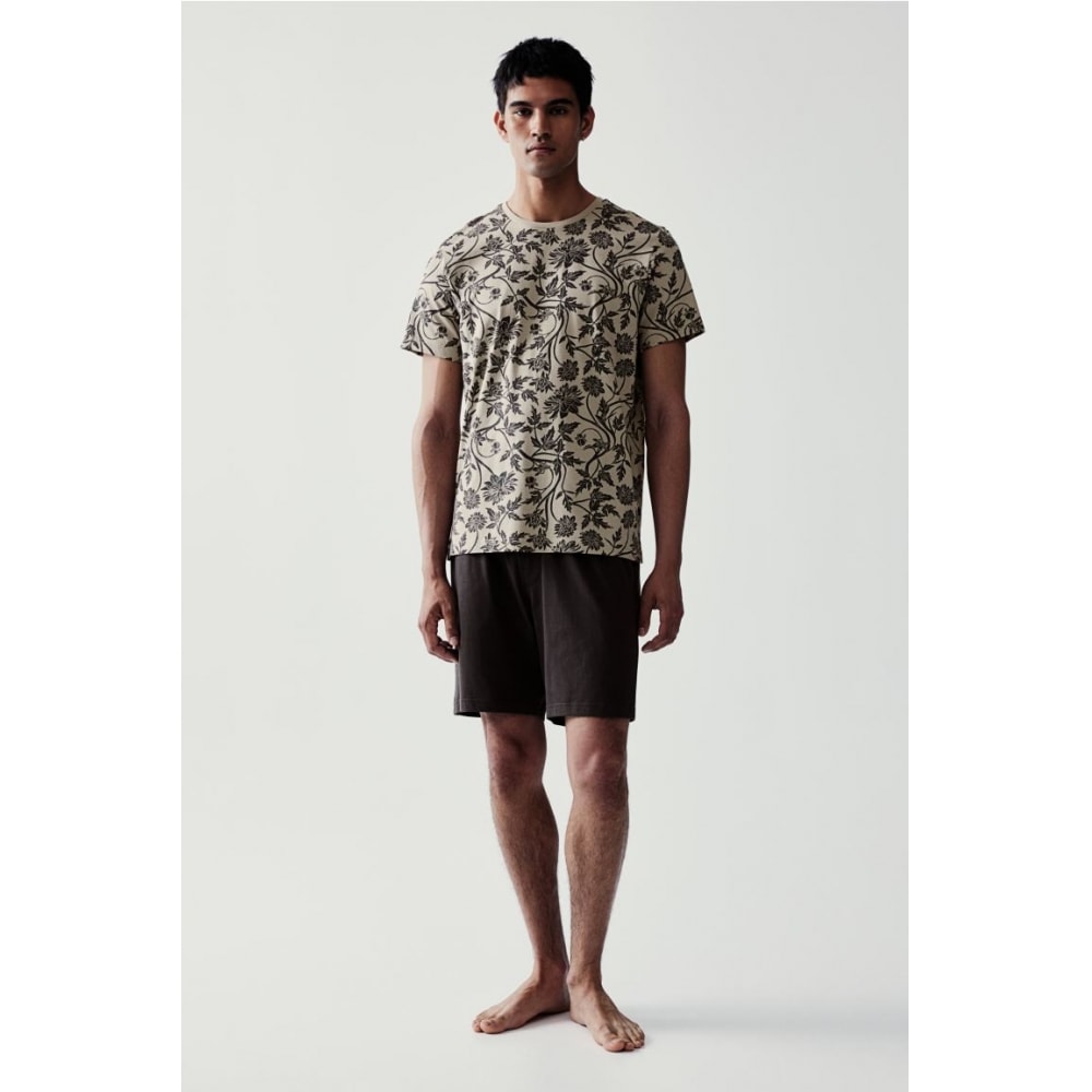 H&M レギュラーフィットパジャマTシャツとショーツベージュ/パターン