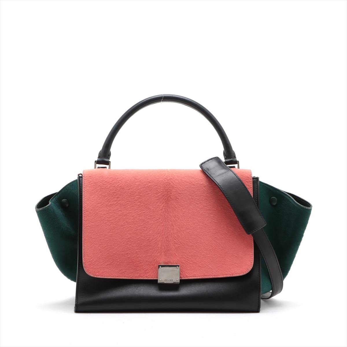 美品 トラペーズ ミディアム ハラコ レザー 2WAY ショルダーバッグ 肩掛け トート ハンド ブラック 黒 ピンク レディース MMM AY29-8 中古