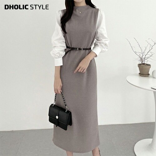 [メガ割りSALE]ベルト付配色スリーブワンピース・p420466