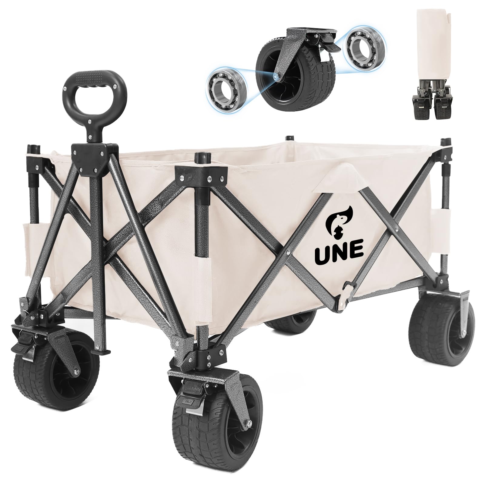 UNE キャリーワゴン アウトドアワゴン 折り畳み式 キャンプ カート ブレーキ付き 大容量 150L ワンタッチ収束式 耐荷重150kg 自立収納 コンパクト 幅10cmのサイレントユニバーサルホイ