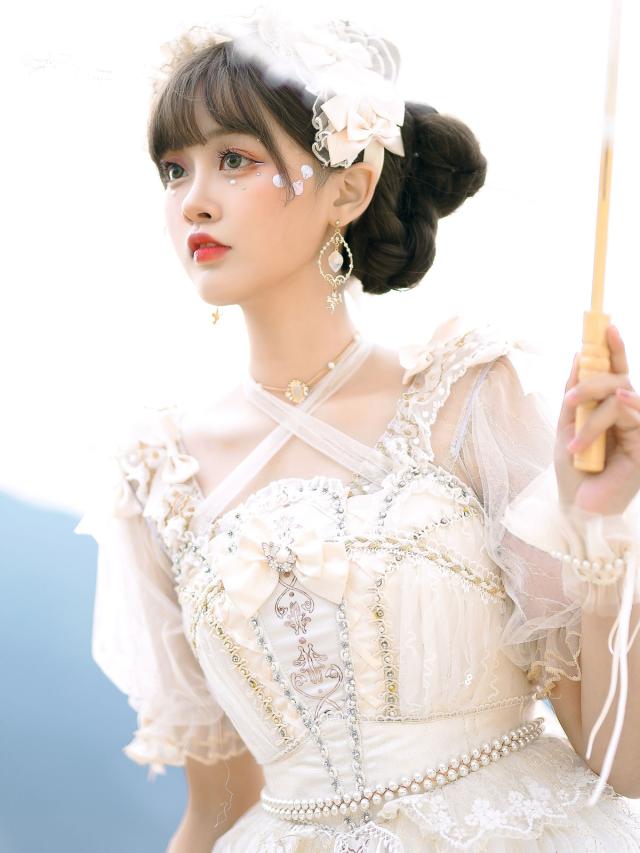 【全店任意2枚購入で100円OFF】ロリータブラウズライトアプリコットハーフスリーブボウポリエステルボウノットロリータトップスウィートロリータシャツ