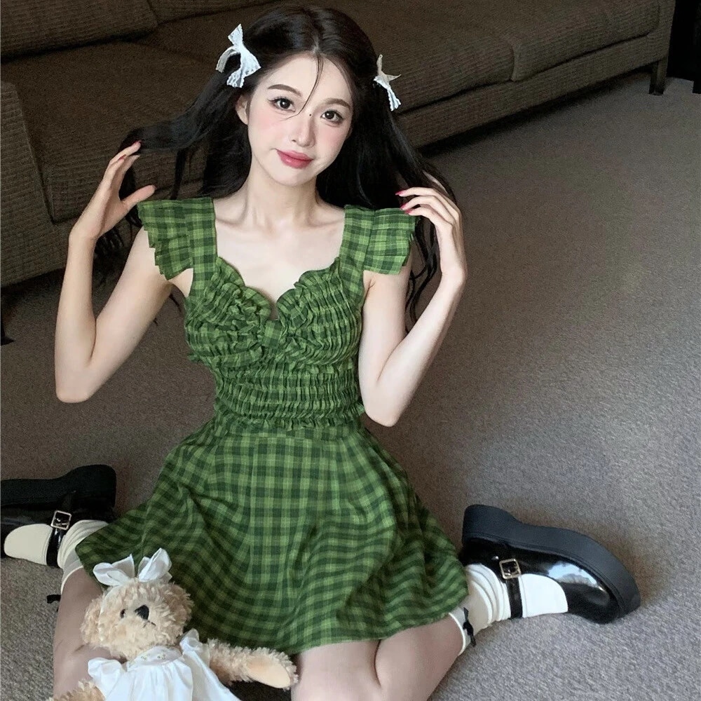 学生少女リボン水着ワンピース女性セパレートチェック控えめかわいい女の子水着フリーサイズ（50～60 kg推奨）