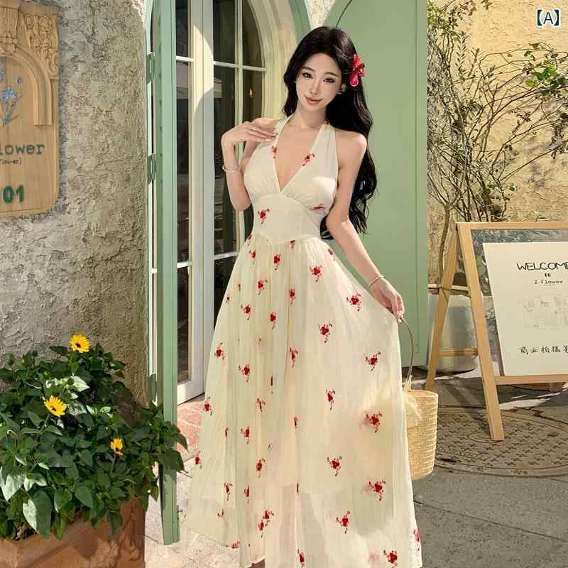 ワンピース リゾート レディース 夏 海辺 Vネック バックレス ホルター ドレス ウエスト スリム ロング ドレス きれいめ おしゃれ