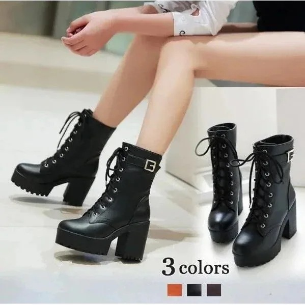 【団体購入価格（10個）】韓国ショートブーツ レディース 編み上げ エンジニアブーツ 合皮レザー 太いヒール 女性用 厚底ブー