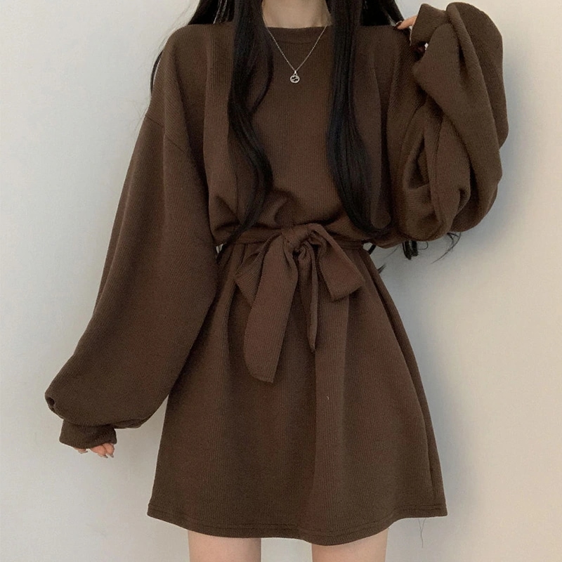 韓国デザイン秋服ゆったり着痩せボリュームパフスリーブニットワンピース