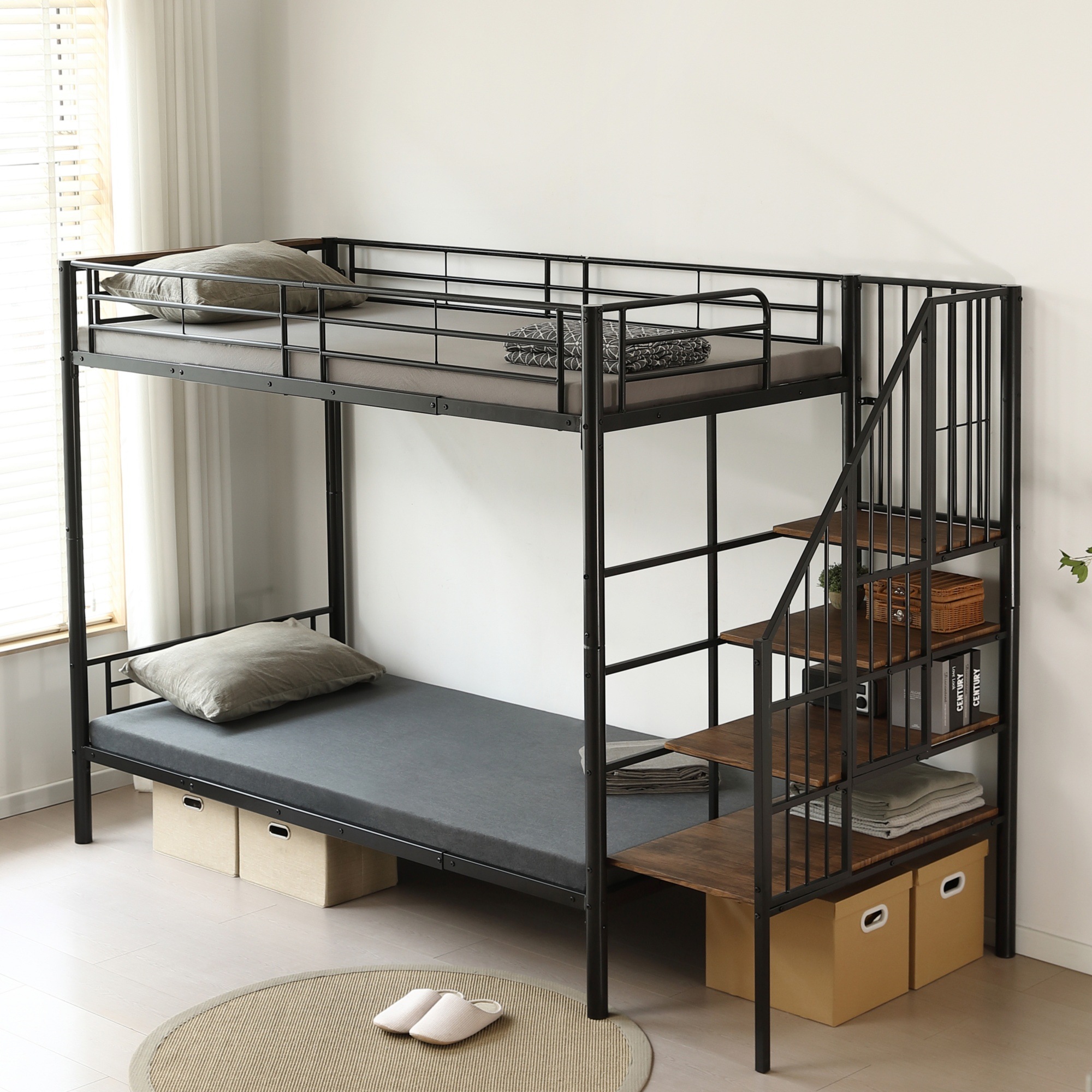 二段ベッド ロフトベッド 階段付き S パイプベッド シングル 収納 スチール 耐震 ベッド フレームのみ【Sシングル】（元SA322203AAA） ブラック