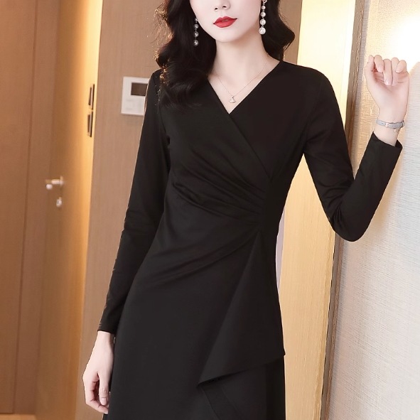 ワンピース 膝丈 ひざ丈 袖あり 長袖 カシュクール 襟なし セミフレア Aライン ハイウエスト かわいい 大人可愛い きれいめ シンプル 大人 上品 おしゃれ お洒落 大人女子 キュート セクシー 12,249円