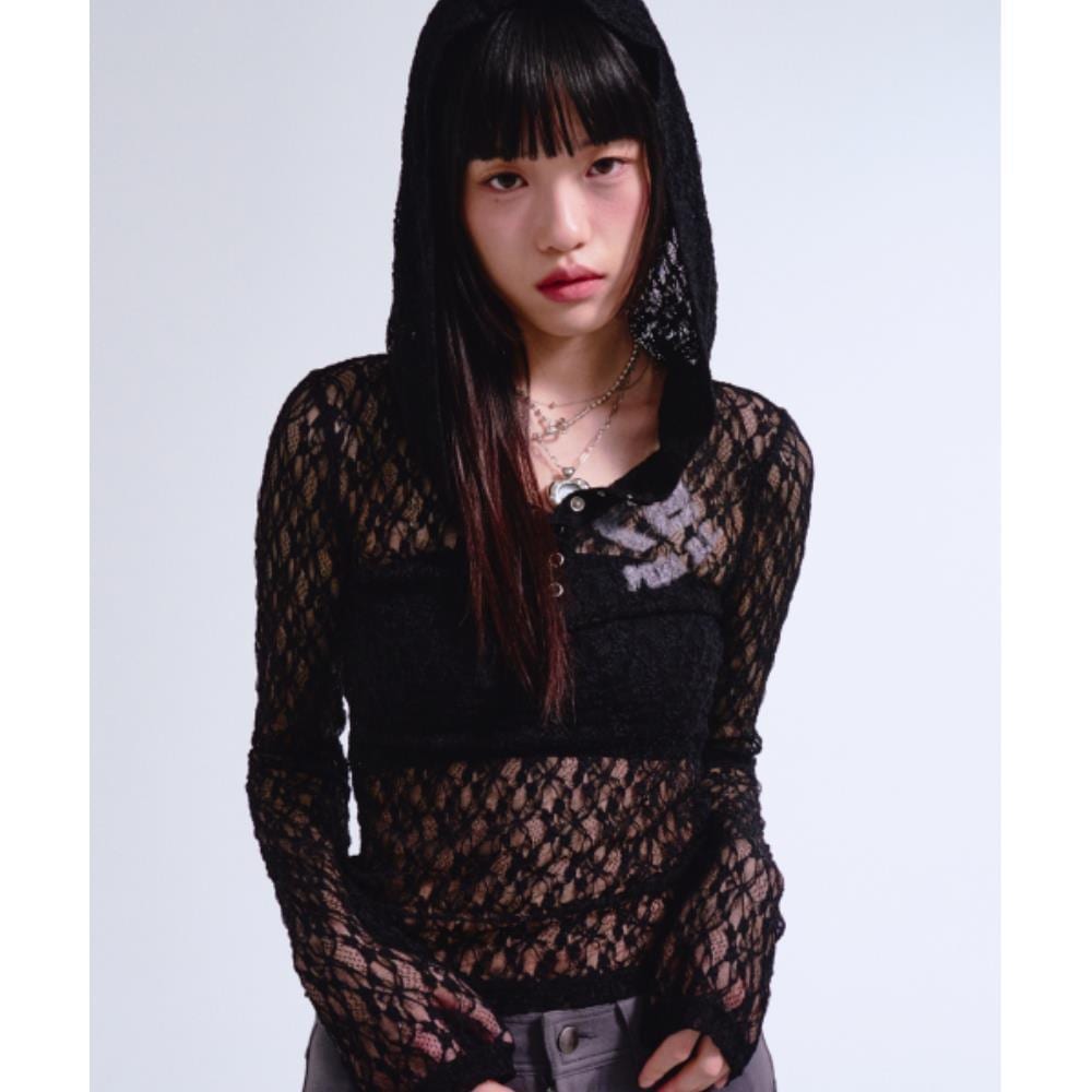 PRENDA 97 PDC LACE BUTTON HOODIE BLACK PRTVSUHD11WC6