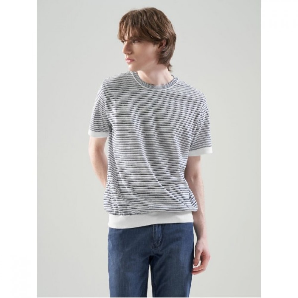 [ロガディス] リネンブレンドストライプ半袖ラウンドセーター-ネイビー（RY4451P71R） 11,736円