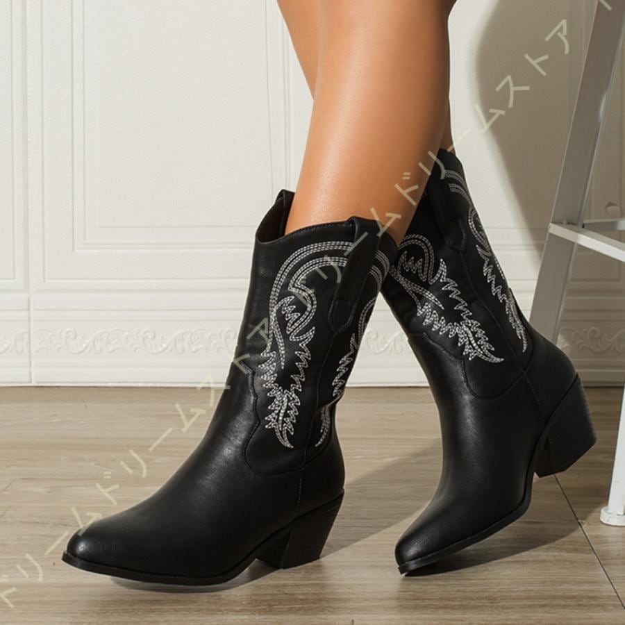 ウエスタンブーツ レディース ブーツ ウエスタン ミドル ショート 太めヒール 6cm チャンキーヒール ミドルブーツ 太ヒール 疲れない 美脚 ミドル丈 4,988円