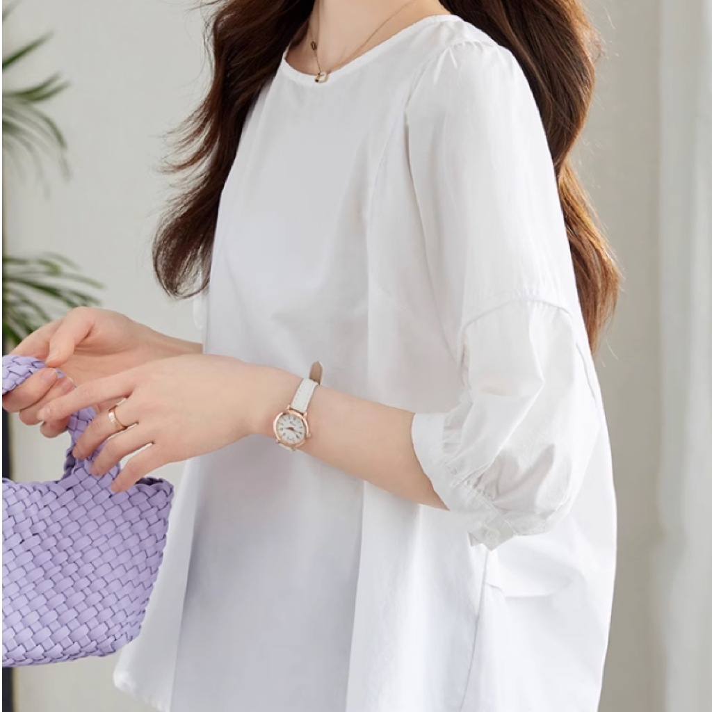 レディース トップス シャツ ブラウス プルオーバー ミドル丈 7分袖 パフスリーブ ラウンドネック オーバーサイズ リボン コンサバ 切り替えデザイン かわいい 大人可愛い シンプル 上品 おしゃれ